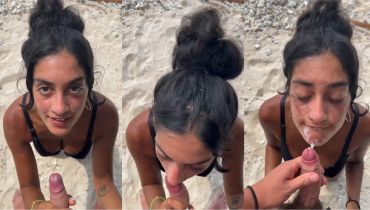 Beach Blowjob Ends With Aria Khan Taking His Cum